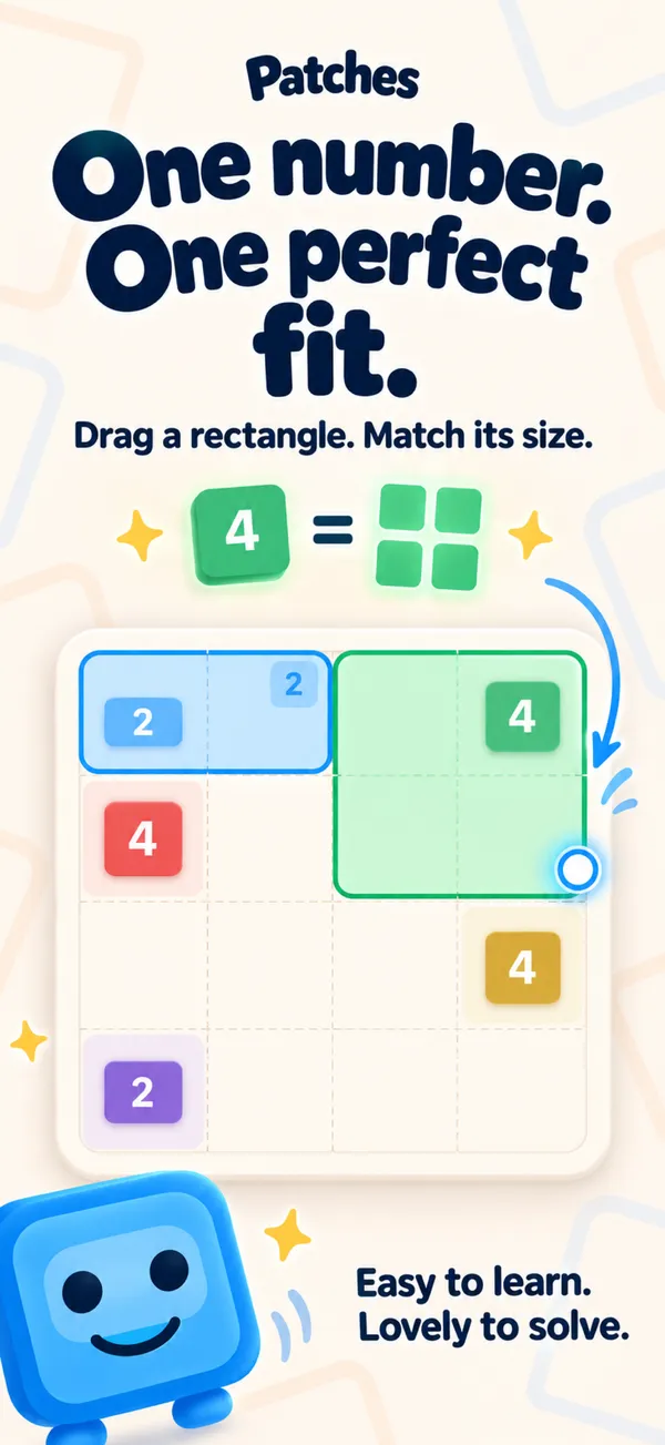 Patches rule shown in the app: a clue of 4 matches a rectangle of four cells