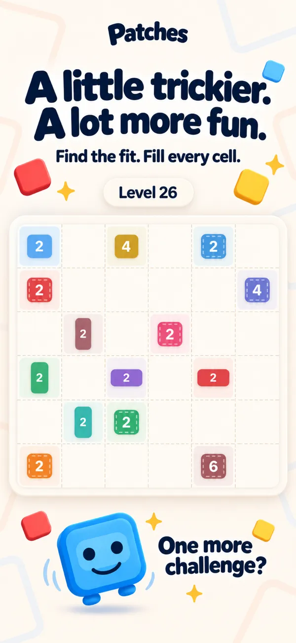 Patches level 26: a larger board with many numbered clues to split into rectangles